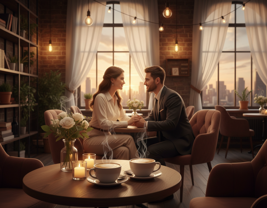 A cozy and inviting café setting designed for romantic encounters. In the foreground, a neatly set table with two cups of steaming coffee and a small vase of fresh flowers. The middle ground includes a couple in professional business attire engaged in a pleasant conversation, leaning slightly toward each other with warm smiles. Soft, ambient lighting creates a warm glow, accentuated by a few flickering candles on the table. In the background, large windows with soft drapes reveal a softly blurred cityscape during sunset, casting golden hues into the space. The overall atmosphere is intimate and relaxed, reflecting connection and warmth, ideal for a meaningful relationship discussion.