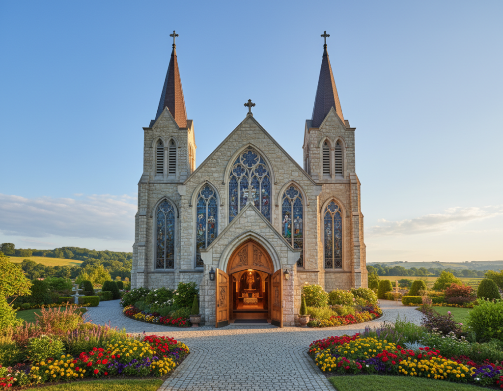 A picturesque view of an evangelical church, showcasing its elegant architecture with tall spires and stained glass windows that reflect sunlight. In the foreground, a welcoming entrance with wooden doors open slightly, inviting visitors in. The middle ground features a well-kept garden filled with colorful flowers and an inviting stone pathway leading towards the church. In the background, a clear blue sky with a few fluffy white clouds enhances the peaceful atmosphere. Soft, warm lighting captures the essence of a serene afternoon. The scene conveys a sense of community and faith, illustrating the importance of the right environment in nurturing meaningful Christian relationships. A picturesque view of an evangelical church, showcasing its elegant architecture with tall spires and stained glass windows that reflect sunlight. In the foreground, a welcoming entrance with wooden doors open slightly, inviting visitors in. The middle ground features a well-kept garden filled with colorful flowers and an inviting stone pathway leading towards the church. In the background, a clear blue sky with a few fluffy white clouds enhances the peaceful atmosphere. Soft, warm lighting captures the essence of a serene afternoon. The scene conveys a sense of community and faith, illustrating the importance of the right environment in nurturing meaningful Christian relationships.