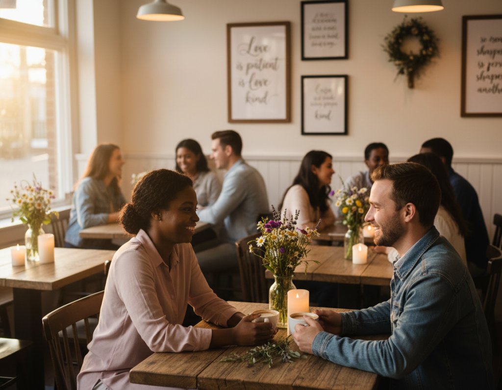 A serene and intimate Christian dating environment set in a beautifully decorated café with soft, warm lighting reflecting a cozy ambiance. In the foreground, a diverse couple, dressed in modest casual clothing, share a coffee, smiling and engaged in deep conversation. The middle ground features rustic wooden tables adorned with fresh flowers and candles, creating a romantic and welcoming atmosphere. In the background, soft-focus elements include other couples enjoying their time together, surrounded by tasteful Christian decor like scripture verses on the walls. The scene is bathed in golden hour lighting, casting a warm glow that enhances the uplifting and hopeful mood of the space. The perspective is from slightly above, inviting the viewer to connect with the joyful essence of Christian dating. A serene and intimate Christian dating environment set in a beautifully decorated café with soft, warm lighting reflecting a cozy ambiance. In the foreground, a diverse couple, dressed in modest casual clothing, share a coffee, smiling and engaged in deep conversation. The middle ground features rustic wooden tables adorned with fresh flowers and candles, creating a romantic and welcoming atmosphere. In the background, soft-focus elements include other couples enjoying their time together, surrounded by tasteful Christian decor like scripture verses on the walls. The scene is bathed in golden hour lighting, casting a warm glow that enhances the uplifting and hopeful mood of the space. The perspective is from slightly above, inviting the viewer to connect with the joyful essence of Christian dating.