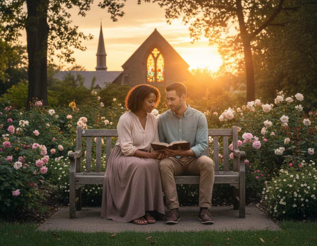 A serene and inviting scene depicting the essence of "Christian values" in a relationship. In the foreground, a diverse couple, dressed in modest casual clothing, sits together on a park bench, sharing a Bible and engaged in thoughtful conversation, radiating warmth and connection. In the middle ground, lush greenery and blooming flowers create a vibrant, peaceful atmosphere, symbolizing growth and nurturing love. The background features a soft-focus church silhouette against a warm golden-hued sunset, adding a sense of spirituality and hope. The lighting is soft and natural, creating an uplifting mood, with rays of sunlight filtering through the trees, casting gentle shadows. The overall composition should evoke feelings of unity, faith, and the foundation of a healthy Christian relationship. A serene and inviting scene depicting the essence of "Christian values" in a relationship. In the foreground, a diverse couple, dressed in modest casual clothing, sits together on a park bench, sharing a Bible and engaged in thoughtful conversation, radiating warmth and connection. In the middle ground, lush greenery and blooming flowers create a vibrant, peaceful atmosphere, symbolizing growth and nurturing love. The background features a soft-focus church silhouette against a warm golden-hued sunset, adding a sense of spirituality and hope. The lighting is soft and natural, creating an uplifting mood, with rays of sunlight filtering through the trees, casting gentle shadows. The overall composition should evoke feelings of unity, faith, and the foundation of a healthy Christian relationship.