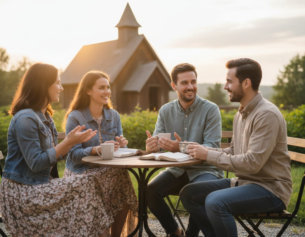 A serene and inviting scene illustrating Christian dating and community for singles. In the foreground, depict a small group of diverse individuals—two men and two women—engaged in conversation at a quaint outdoor café table, all dressed in modest casual clothing, smiling and sharing thoughtful moments. In the middle ground, include lush greenery and a subtle wooden church in soft focus, symbolizing a faith-centric environment. The background features a gentle sunset casting warm golden light, creating a peaceful and hopeful atmosphere. Use a shallow depth of field to emphasize the group while the church fades into the background. Capture a sense of connection, faith, and shared purpose among the individuals.
