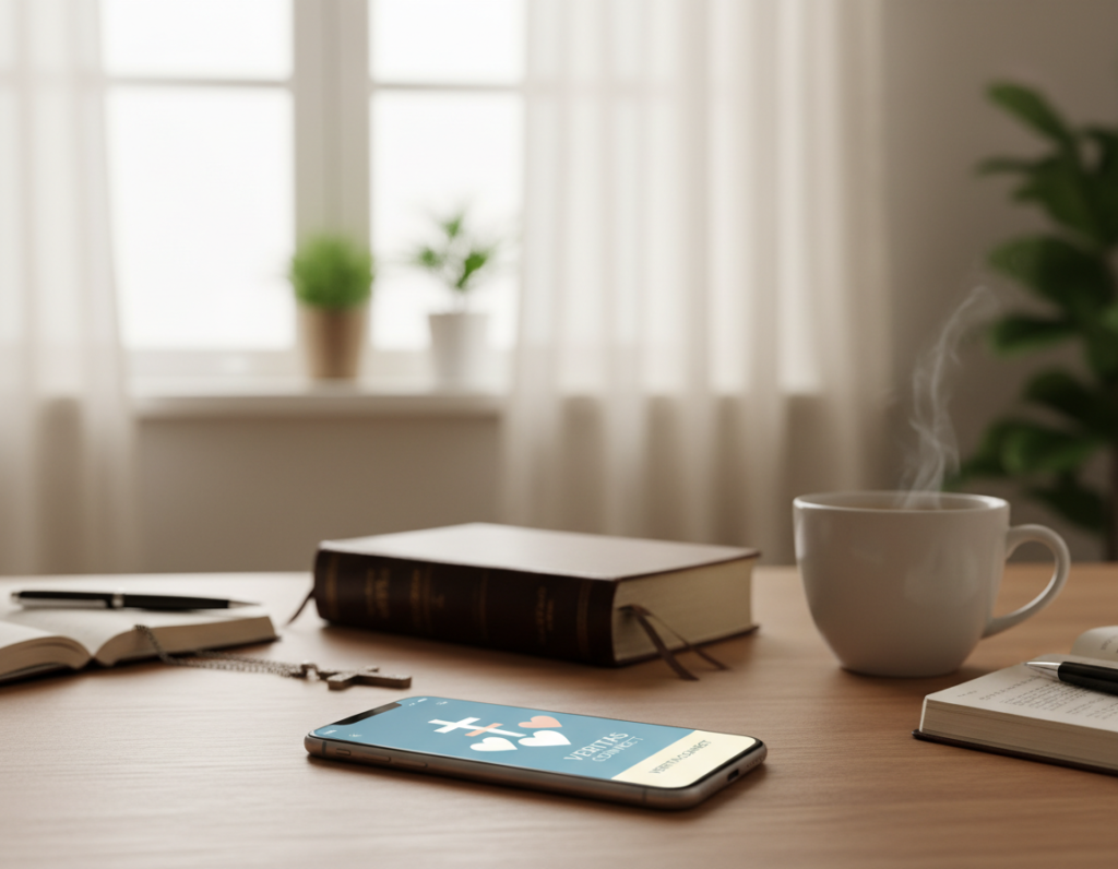 A serene and inviting workspace designed for a Christian dating app. In the foreground, a smartphone displaying a beautifully designed app interface featuring icons of hearts and crosses, symbolizing faith and connection. In the middle, a wooden table with a soft-focus background, showcasing an open Bible and a cup of coffee, suggesting a thoughtful environment. The background includes a warm, softly lit room with a window, allowing natural sunlight to filter through, creating a cozy atmosphere. The scene conveys a mood of reflection and purpose, envisioned from a slightly elevated angle that emphasizes the app on the phone while depicting a harmonious and welcoming setting, ideal for faith-focused discussions on relationships. A serene and inviting workspace designed for a Christian dating app. In the foreground, a smartphone displaying a beautifully designed app interface featuring icons of hearts and crosses, symbolizing faith and connection. In the middle, a wooden table with a soft-focus background, showcasing an open Bible and a cup of coffee, suggesting a thoughtful environment. The background includes a warm, softly lit room with a window, allowing natural sunlight to filter through, creating a cozy atmosphere. The scene conveys a mood of reflection and purpose, envisioned from a slightly elevated angle that emphasizes the app on the phone while depicting a harmonious and welcoming setting, ideal for faith-focused discussions on relationships.