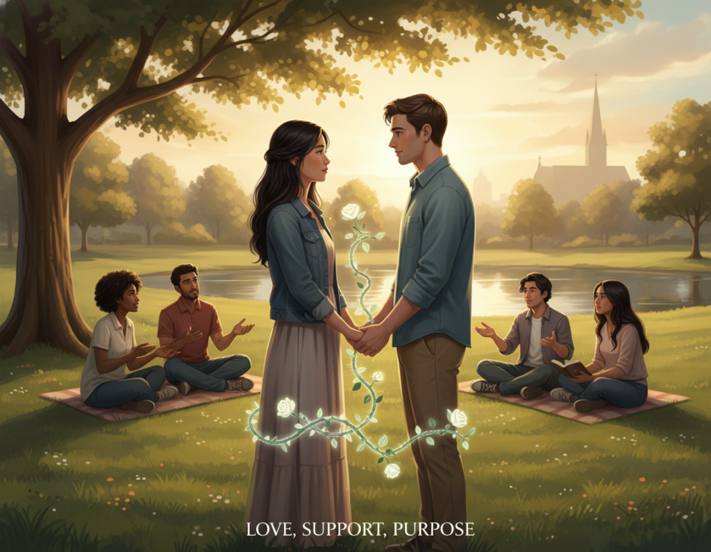 A serene and thoughtful illustration depicting challenges in Christian relationships and dating. In the foreground, a diverse couple stands facing each other, dressed in modest casual clothing, displaying expressions of contemplation and understanding. The middle ground features a small group of friends engaging in supportive conversation, symbolizing community and guidance. The background portrays a peaceful park setting during golden hour, with soft sunlight filtering through trees, creating a warm and inviting atmosphere. Emphasize a sense of connection and introspection, with subtle reflections of faith, like a faint silhouette of a church in the distance. The composition focuses on the emotional depth and complexities of Christian dating, highlighting themes of love, support, and purpose.