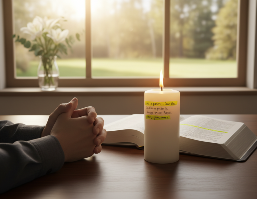 A serene, cozy room bathed in soft, warm light. In the foreground, a pair of clasped hands in prayer, elegantly adorned with a modest ring, resting on a wooden table. In the middle ground, a flickering candle illuminates a small, open Bible, with highlighted verses about love and relationships. The background features a tranquil window, with gentle sunlight streaming in, casting a golden glow. Delicate flowers in a vase add a touch of nature, symbolizing growth. The atmosphere is calm and reflective, evoking a sense of peace and connection. The scene captures the essence of devotion and the transformative power of prayer in relationships, emphasizing a heartfelt Christian spirit.