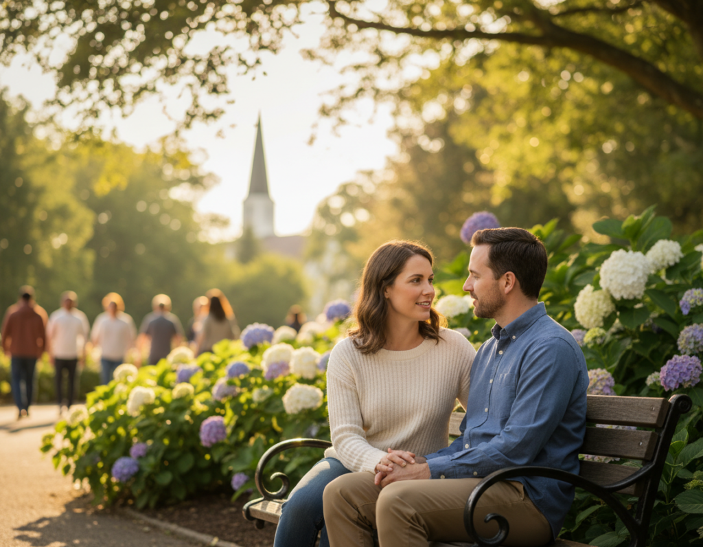 A serene outdoor setting depicting a couple engaged in a thoughtful conversation, representing the challenges of Christian dating today. In the foreground, a man and woman, dressed in modest casual clothing, sit on a park bench, attentively listening to each other, displaying warmth and connection. The middle layer features softly blurred greenery and flowers, creating a tranquil atmosphere. In the background, suggest subtle elements like a church steeple and distant people walking, symbolizing community. The lighting is warm and inviting, suggesting late afternoon sunlight filtering through trees. The overall mood should convey a sense of hope and contemplation amidst the difficulties of modern Christian relationships.
