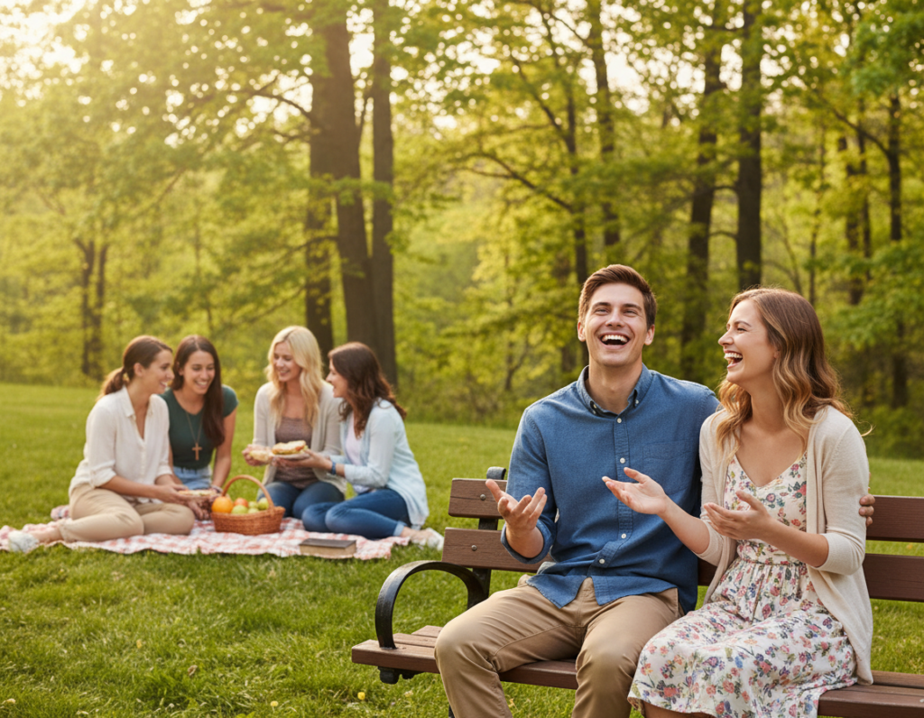 A serene outdoor setting depicting a diverse group of young Christian singles engaging joyfully in meaningful conversation. In the foreground, two individuals, a young man and woman, are laughing together while sitting on a park bench, dressed in modest casual clothing. In the middle ground, a small group is sharing a light meal on a picnic blanket, with a backdrop of lush greenery and soft sunlight filtering through the trees. The warm lighting enhances the camaraderie and connection between the people, suggesting an atmosphere of faith, trust, and purposefulness. The overall mood is uplifting and hopeful, reflecting the essence of Christian dating and relationships, with an emphasis on community and shared values. A serene outdoor setting depicting a diverse group of young Christian singles engaging joyfully in meaningful conversation. In the foreground, two individuals, a young man and woman, are laughing together while sitting on a park bench, dressed in modest casual clothing. In the middle ground, a small group is sharing a light meal on a picnic blanket, with a backdrop of lush greenery and soft sunlight filtering through the trees. The warm lighting enhances the camaraderie and connection between the people, suggesting an atmosphere of faith, trust, and purposefulness. The overall mood is uplifting and hopeful, reflecting the essence of Christian dating and relationships, with an emphasis on community and shared values.