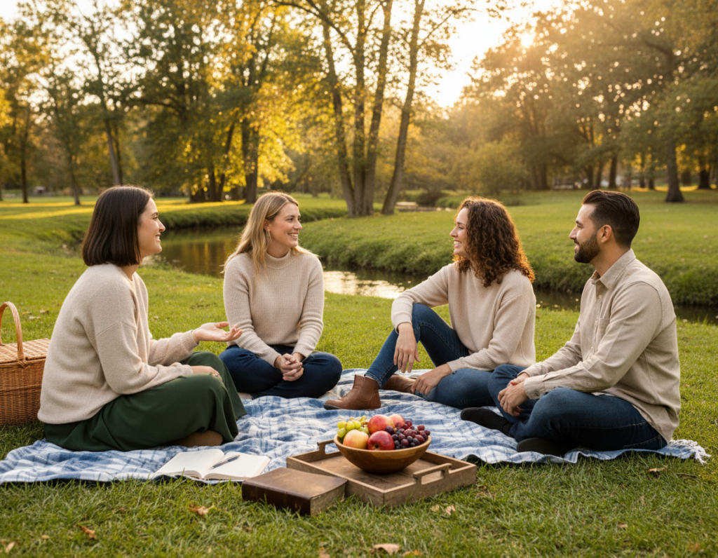 A serene outdoor setting during golden hour, featuring a diverse group of three couples sitting on a picnic blanket in a lush green park. The couples, dressed in modest casual clothing, are engaged in thoughtful conversation, sharing smiles and laughter, symbolizing healthy communication in a Christian dating context. In the foreground, a beautifully arranged picnic spread includes a Bible, some fresh fruits, and a journal, representing faith and introspection. In the middle ground, a gentle stream flows, adding tranquility to the scene, while vibrant trees provide a rich backdrop. The mood is warm and inviting, with soft sunlight filtering through the leaves, creating a peaceful atmosphere of companionship and hopefulness for future relationships. The angle captures the intimacy of the couples while highlighting the beauty of nature around them.