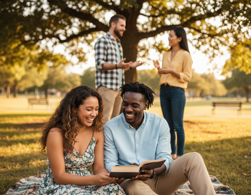 A serene outdoor setting featuring a group of diverse Christian singles engaged in meaningful conversation. In the foreground, a man and a woman, both in modest casual attire, are sitting on a picnic blanket, sharing a laugh over a book. In the middle, two other individuals, a man and a woman, are exchanging ideas while standing by a tree; they exude warmth and friendliness. The background showcases a softly lit park with gentle sunlight filtering through the leaves, creating a peaceful atmosphere. The image conveys a mood of connection, friendship, and the importance of thoughtful choices in building healthy relationships. Capture this scene with a warm color palette, using a shallow depth of field to focus on the vibrant interactions among the group.
