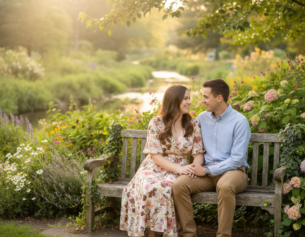 A serene outdoor setting for a Christian dating scene, featuring a young couple sitting on a park bench, engaged in a deep conversation. The couple is wearing modest, stylish casual clothing, and their expressions reflect warmth and connection. The foreground includes a close-up of their hands gently touching, symbolizing connection and support. In the middle ground, lush greenery surrounds them, with blooming flowers and dappled sunlight filtering through the trees, creating a peaceful atmosphere. In the background, a soft-focus view of a gentle stream adds to the tranquility. The lighting is soft and golden, as if it's late afternoon, evoking a feeling of hope and serenity in their relationship.