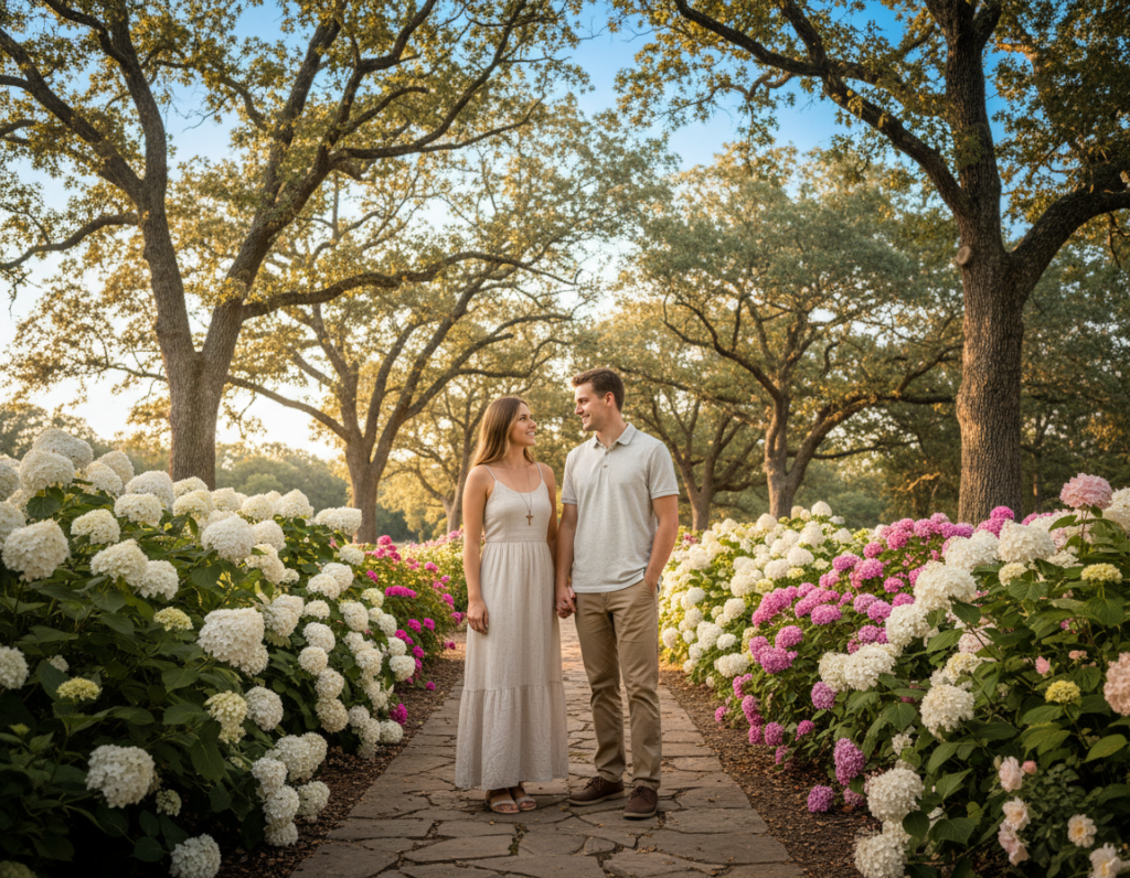 A serene outdoor setting illustrating Christian values in relationships. In the foreground, a young couple dressed in modest, casual attire shares a joyful moment, gazing into each other’s eyes, surrounded by blooming flowers. The middle ground features a soft, warm-toned pathway lined with trees, symbolizing a journey of faith together. In the background, a bright blue sky with gentle sunlight filters through the leaves, creating a peaceful and uplifting atmosphere. The couple's expressions reflect love and understanding, emphasizing respect, trust, and shared values in their relationship. The composition is shot with a wide-angle lens to capture the beauty of nature and the intimacy of the couple, evoking a sense of hope and purpose in their connection.