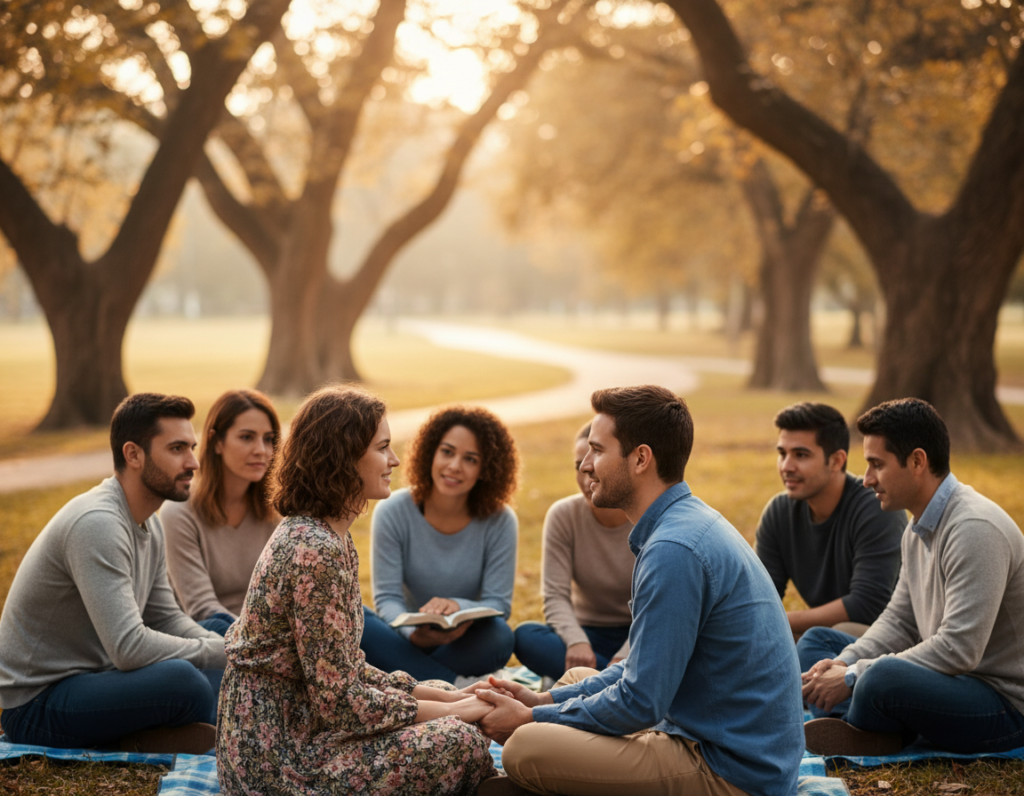 A serene outdoor setting in a lush park during golden hour, where a diverse group of single Christians, a young couple in modest casual clothing, is engaged in a meaningful conversation about relationships. The foreground features the couple, looking deeply into each other’s eyes, showcasing warmth and connection. In the middle ground, other individuals listen attentively, while one holds a Bible, symbolizing faith and shared values. The background shows trees bathed in soft sunlight and a peaceful pathway, enhancing the atmosphere of harmony and hope. The scene is framed with a slightly blurred background to focus on the couples' expressions, creating an intimate and uplifting mood that emphasizes the importance of finding the right partner in a Christian dating context. A serene outdoor setting in a lush park during golden hour, where a diverse group of single Christians, a young couple in modest casual clothing, is engaged in a meaningful conversation about relationships. The foreground features the couple, looking deeply into each other’s eyes, showcasing warmth and connection. In the middle ground, other individuals listen attentively, while one holds a Bible, symbolizing faith and shared values. The background shows trees bathed in soft sunlight and a peaceful pathway, enhancing the atmosphere of harmony and hope. The scene is framed with a slightly blurred background to focus on the couples' expressions, creating an intimate and uplifting mood that emphasizes the importance of finding the right partner in a Christian dating context.
