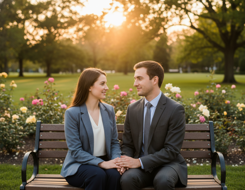 A serene park setting during golden hour, capturing a young Christian couple sitting on a bench, engaged in a heartfelt conversation. The foreground features them dressed in professional business attire, showcasing values of respect and commitment in their relationship. The couple's expressions reflect warmth and connection. In the middle ground, lush greenery and blooming flowers symbolize growth and harmony. The background reveals a gentle sunset, casting warm, golden light over the scene, enhancing the mood of love and faith. The overall atmosphere is peaceful and uplifting, evoking the essence of Christian values shaping meaningful relationships.
