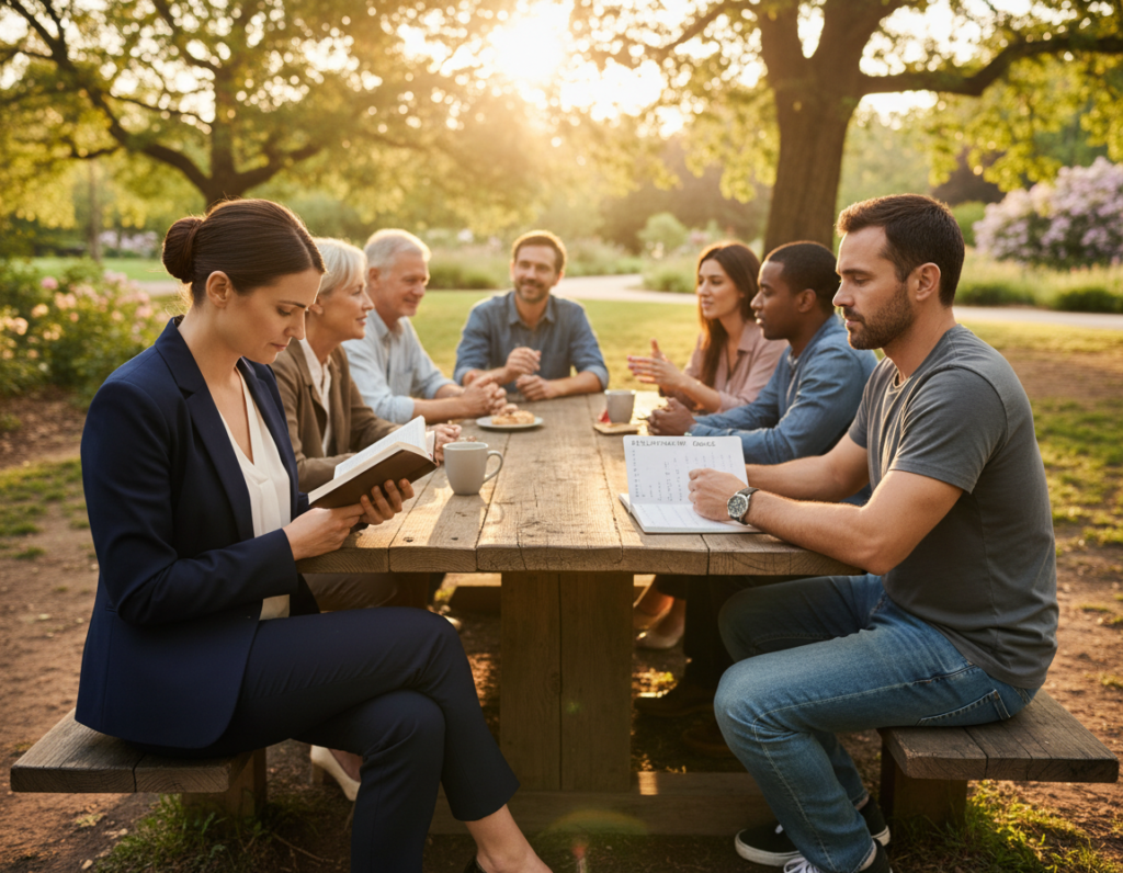 A serene park setting during golden hour, featuring a diverse group of people engaged in thoughtful conversations around a rustic wooden table. In the foreground, a woman in professional business attire holds a small prayer book, her expression contemplative. In the middle ground, a man in modest casual clothing looks thoughtfully at a notebook full of relationship goals. The background depicts lush greenery and soft sunlight filtering through the trees, creating a warm, inviting atmosphere. The scene conveys a sense of community and introspection, symbolizing the importance of choices in relationships. Soft focus on the background enhances the mood, encouraging a feeling of hope and reflection on personal connections. A serene park setting during golden hour, featuring a diverse group of people engaged in thoughtful conversations around a rustic wooden table. In the foreground, a woman in professional business attire holds a small prayer book, her expression contemplative. In the middle ground, a man in modest casual clothing looks thoughtfully at a notebook full of relationship goals. The background depicts lush greenery and soft sunlight filtering through the trees, creating a warm, inviting atmosphere. The scene conveys a sense of community and introspection, symbolizing the importance of choices in relationships. Soft focus on the background enhances the mood, encouraging a feeling of hope and reflection on personal connections.