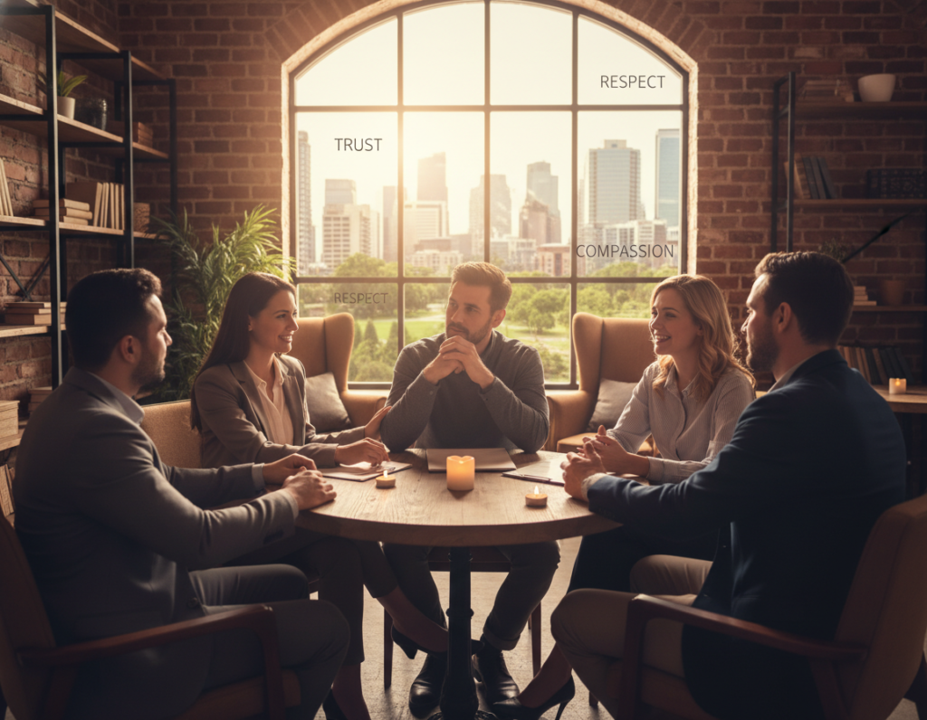 A serene scene illustrating the importance of values in relationships. In the foreground, a diverse group of professionals in business attire is engaged in a heartfelt discussion, expressing empathy and understanding. Their faces show genuine connection and warmth. In the middle ground, a cozy café setting with soft lighting and warm colors fosters an atmosphere of openness. A large window in the background reveals a picturesque cityscape, indicating a vibrant community beyond. The lighting is soft and diffused, creating a welcoming mood. The image captures the essence of meaningful connections built on fundamental values, emphasizing trust, respect, and compassion in relationships. Focus on facial expressions to convey the depth of emotions experienced during these exchanges.