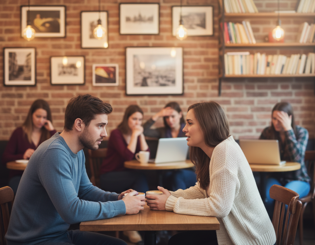 A thoughtful scene depicting single Christian individuals in their late twenties to early thirties, sitting at a cozy café, discussing their challenges in finding serious relationships. In the foreground, two friends—one man and one woman—are engaged in an earnest conversation over coffee, dressed in modest casual clothing. The middle ground shows other patrons at small tables, capturing a diversity of people, each subtly expressing emotions like contemplation or frustration. The background features warm ambient lighting from hanging bulbs and café decor, creating an inviting yet reflective atmosphere. The focus should be on the expressions of the main subjects, illustrating connection, hope, and the complexities of modern dating, all while maintaining a professional and respectful tone.