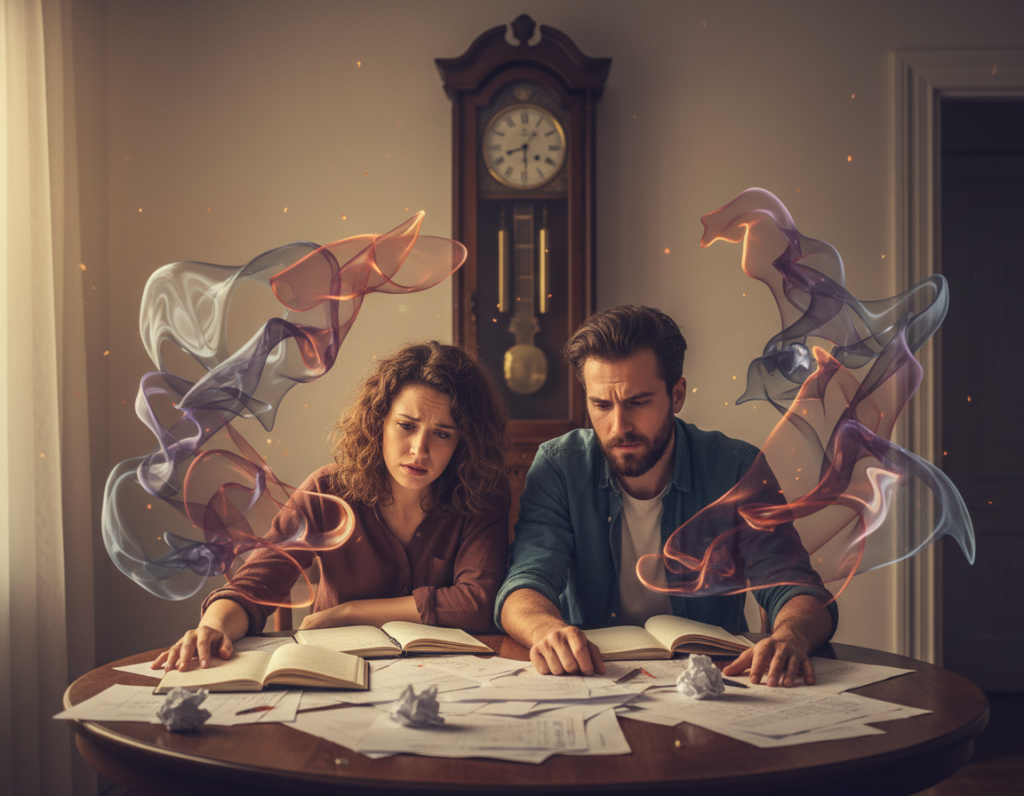 A thoughtful scene depicting the concept of "improvisation problems" in romantic relationships. In the foreground, a couple sits at a table surrounded by scattered papers and notebooks, pretending to work on their relationship, yet looking confused and frustrated. The middle layer shows the room filled with amorphous shapes symbolizing chaos and uncertainty. The background features a large, dimly lit clock on the wall, emphasizing the passage of time. Soft, warm lighting highlights the couple's expressions, creating an intimate yet tense atmosphere. The overall mood conveys a sense of urgency and the complexity of navigating love without clear direction. No text or watermarks should be present in the image.