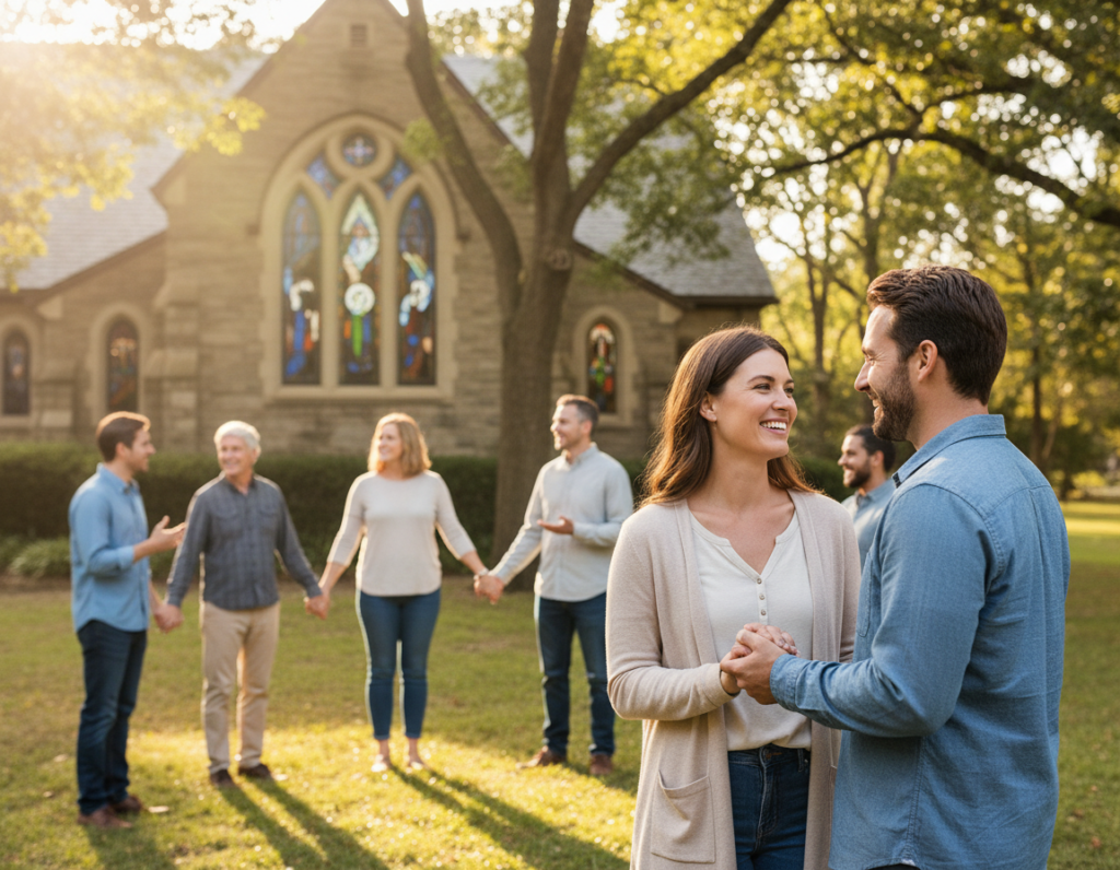 A vibrant and welcoming Christian community scene, featuring a diverse group of people engaged in a meaningful conversation in a serene outdoor setting. In the foreground, a friendly couple in modest casual clothing are exchanging smiles and ideas, embodying love and support. In the middle, a small group of individuals of varying ages participate in a circle, sharing inspirational stories and holding hands, symbolizing unity and faith. The background showcases a beautiful church with stained glass windows, surrounded by lush greenery and soft sunlight filtering through the leaves, casting a warm glow over the scene. The mood is uplifting and harmonious, evoking a sense of belonging and spiritual connection, captured with a soft-focus lens to enhance the intimate atmosphere.