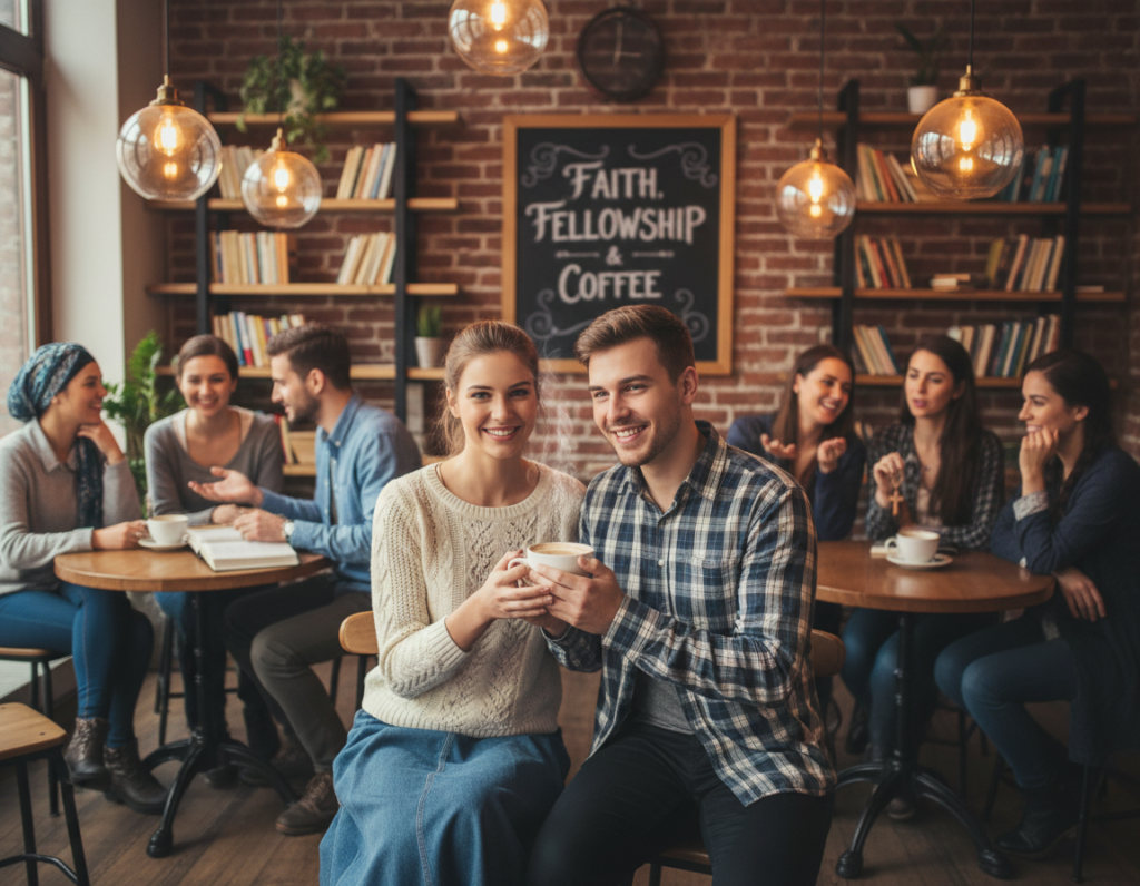 A warm and inviting scene at a cozy café, showcasing a diverse group of Christian singles engaged in meaningful conversation. In the foreground, a couple smiles and shares a coffee, dressed in modest casual clothing, embodying a sense of connection and shared values. The middle ground features small tables with other singles conversing, all engrossed in discussions that reflect friendship and faith. The background includes soft lighting, with warm tones from overhead fixtures, creating an inviting atmosphere conducive to genuine relationships. The overall mood should be uplifting and hopeful, with an emphasis on community and connection, captured from a slightly elevated angle that offers a glimpse into their interactions. A warm and inviting scene at a cozy café, showcasing a diverse group of Christian singles engaged in meaningful conversation. In the foreground, a couple smiles and shares a coffee, dressed in modest casual clothing, embodying a sense of connection and shared values. The middle ground features small tables with other singles conversing, all engrossed in discussions that reflect friendship and faith. The background includes soft lighting, with warm tones from overhead fixtures, creating an inviting atmosphere conducive to genuine relationships. The overall mood should be uplifting and hopeful, with an emphasis on community and connection, captured from a slightly elevated angle that offers a glimpse into their interactions.