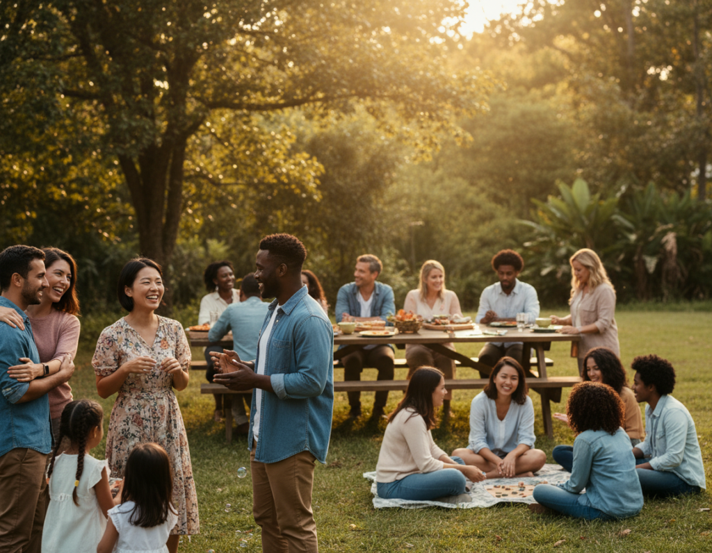 A warm and inviting scene depicting a vibrant Christian community gathering in a serene outdoor setting. In the foreground, diverse individuals of different ethnicities, dressed in modest casual attire, are engaged in friendly conversations and sharing laughter. In the middle ground, a small group sits around a picnic table, sharing a meal, while others enjoy activities like playing games or discussing together, fostering connections. In the background, lush greenery and soft sunlight filter through the trees, creating a peaceful atmosphere. The sun is setting, casting a golden glow over the scene, enhancing the feeling of warmth and fellowship. The image conveys a strong sense of community, love, and purpose among individuals seeking meaningful connections.