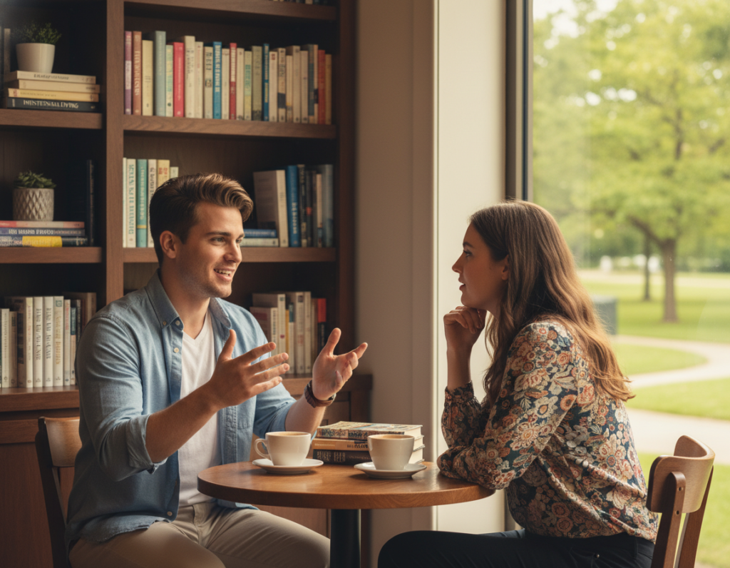 A warm and inviting scene in a serene coffee shop, with two young Christian singles engaged in a thoughtful conversation about personal growth and relationships. In the foreground, a man and woman sit at a small wooden table, both wearing modest casual clothing. The man, with short hair and a friendly smile, gestures animatedly with his hands, while the woman, wearing a colorful blouse, listens intently, her expression reflecting curiosity and openness. In the background, soft lighting casts a golden hue, creating a cozy atmosphere. A bookshelf filled with inspirational books and a view of a peaceful green park through a window is visible, enhancing the feeling of hope and introspection in their dialogue about preparing for meaningful connections.