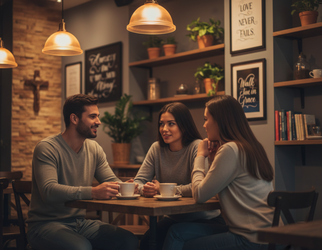 An inviting scene set in a cozy, warmly-lit coffee shop, designed for Christian singles to connect authentically. In the foreground, a diverse group of three individuals—two men and one woman—are engaged in heartfelt conversation, dressed in smart casual outfits. One man is holding a cup of coffee and smiling, while the woman listens intently, capturing genuine interest. In the middle, the soft glow from warm pendant lights enhances the friendly atmosphere. The background features tasteful decor with subtle Christian symbols, such as wooden crosses and inspirational quotes on the wall. The overall mood is uplifting and inviting, suggesting a safe space for meaningful relationships to blossom. The perspective is slightly angled to create depth, focusing on the interactions among the group. An inviting scene set in a cozy, warmly-lit coffee shop, designed for Christian singles to connect authentically. In the foreground, a diverse group of three individuals—two men and one woman—are engaged in heartfelt conversation, dressed in smart casual outfits. One man is holding a cup of coffee and smiling, while the woman listens intently, capturing genuine interest. In the middle, the soft glow from warm pendant lights enhances the friendly atmosphere. The background features tasteful decor with subtle Christian symbols, such as wooden crosses and inspirational quotes on the wall. The overall mood is uplifting and inviting, suggesting a safe space for meaningful relationships to blossom. The perspective is slightly angled to create depth, focusing on the interactions among the group.